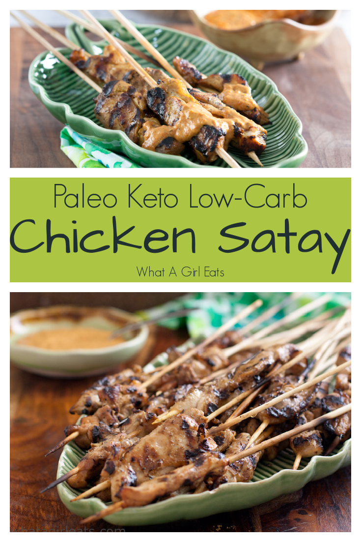 Thai satay is skewers of seasoned chicken with a flavorful dipping sauce made from peanuts or cashews for a paleo, Keto friendly version!