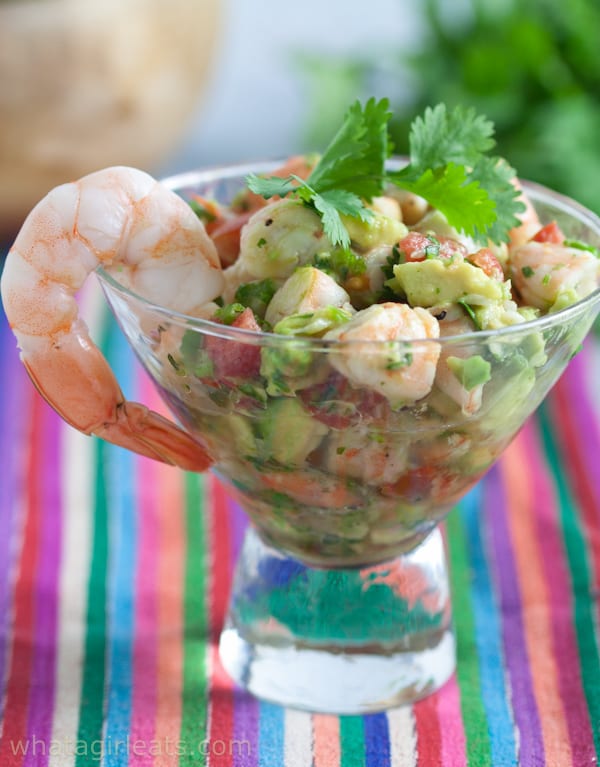 Shrimp cocktail with avocado in a glass