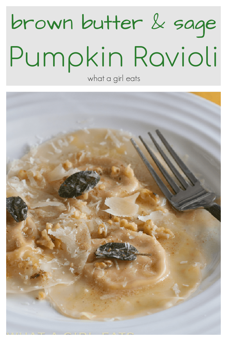 Pumpkin ravioli with brown butter, sage and walnuts is a delicious autumn dinner using a wonton wrappers.