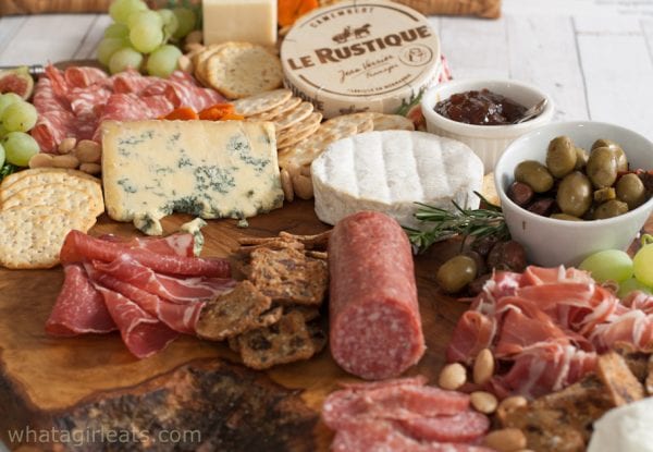 Close up of cheese and meat board.