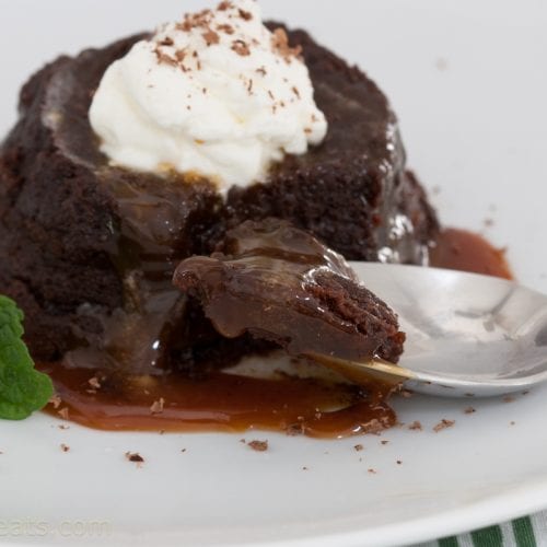chocolate pudding cake on plate.