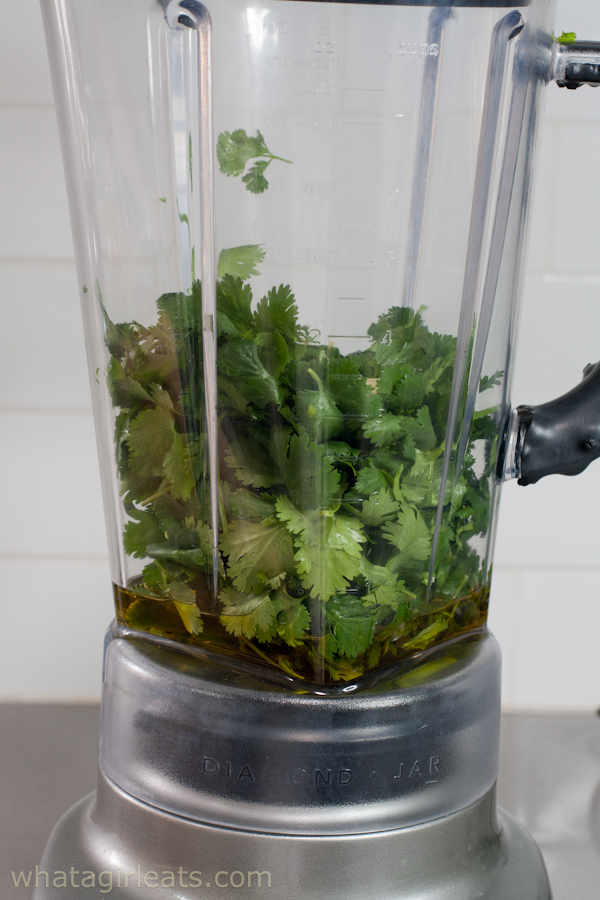 Cilantro and other ingredients in blender.