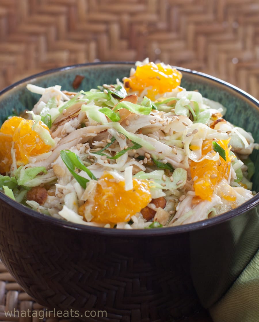 Chinese chicken salad with mandarin oranges in a bowl.