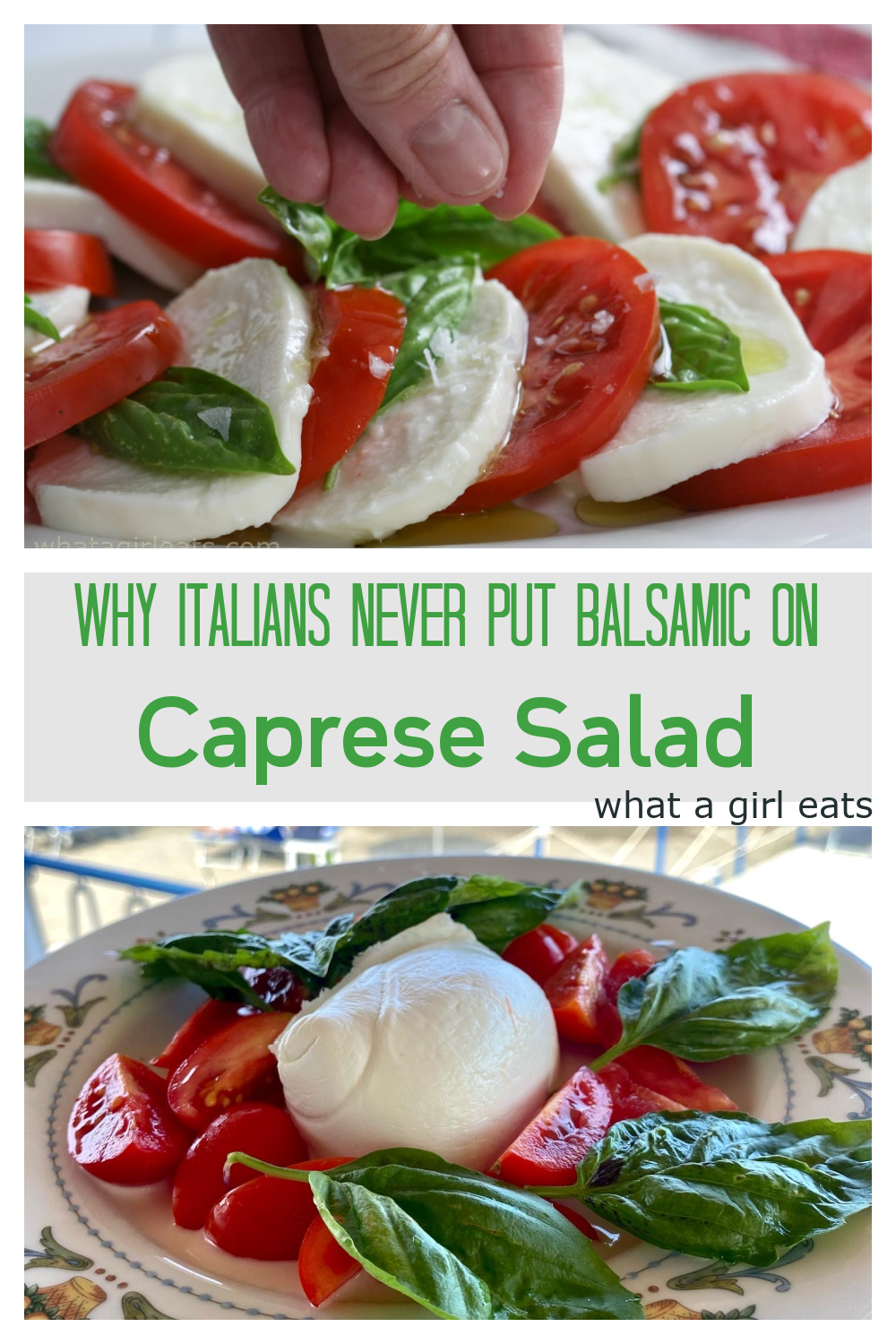 Caprese is a fancy word for tomato, mozzarella, and basil salad. The flavors of the ingredients with a drizzle of olive oil and a sprinkle of sea salt are a perfect blend of flavors. Read why you should skip the Balsamic on a Caprese salad.