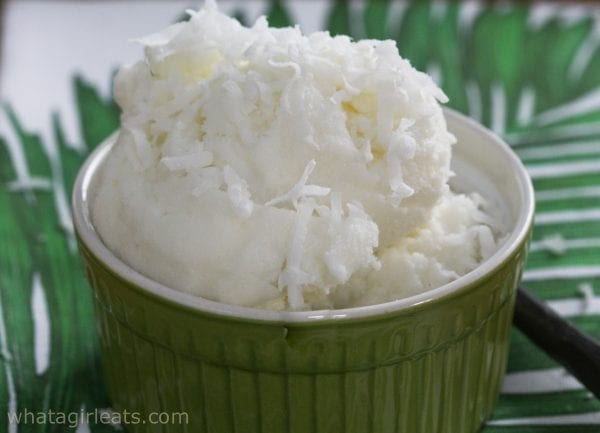 coconut ice cream in green bowl.
