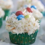 Coconut Cupcakes with easter eggs.