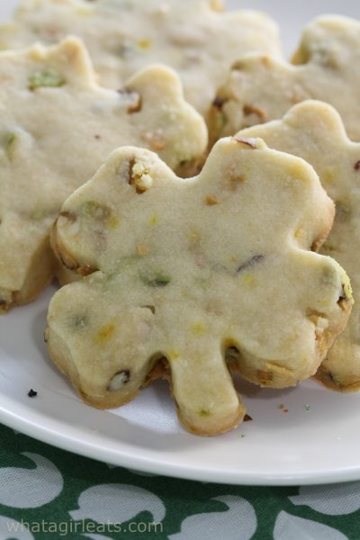 pistachio shortbread shaped shamrock cookies.