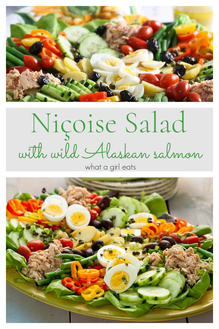 Salmon Nicoise Salad is full of fresh and healthy ingredients including salmon, juicy cherry tomatoes, cucumber, hard-boiled eggs, Niçoise olives, and more. All with a fabulous vinaigrette dressing drizzled on top. Low carb, Whole30 compliant, keto-friendly, and paleo.