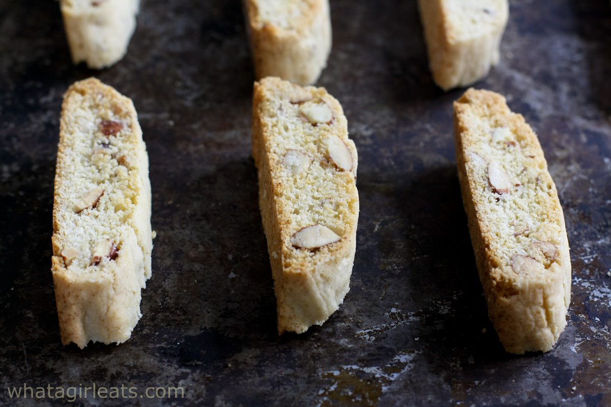 Almond biscotti on a cookie sheet.