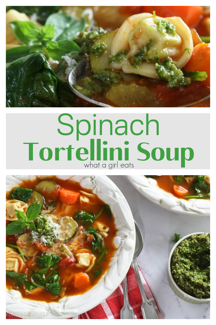 Spinach tortellini soup with vegetables and fresh pesto is a delicious and easy vegetarian dish that's ready in under 45 minutes.