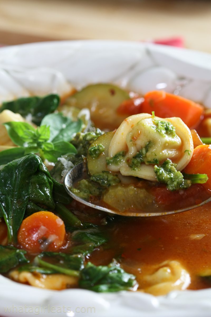 closeup of tortellini soup.