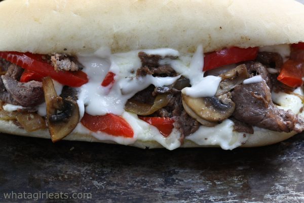 close up of philly cheesesteak. 