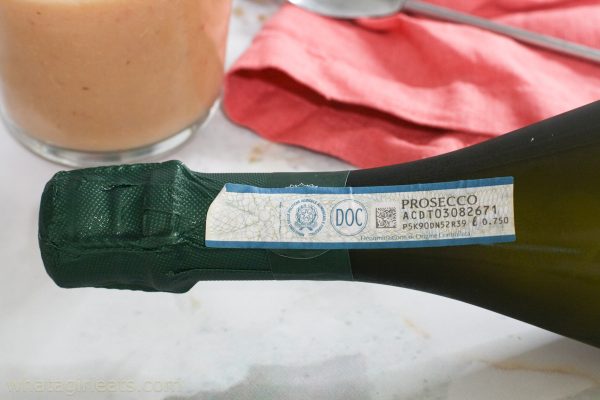 Prosecco bottle with DOC labeling.