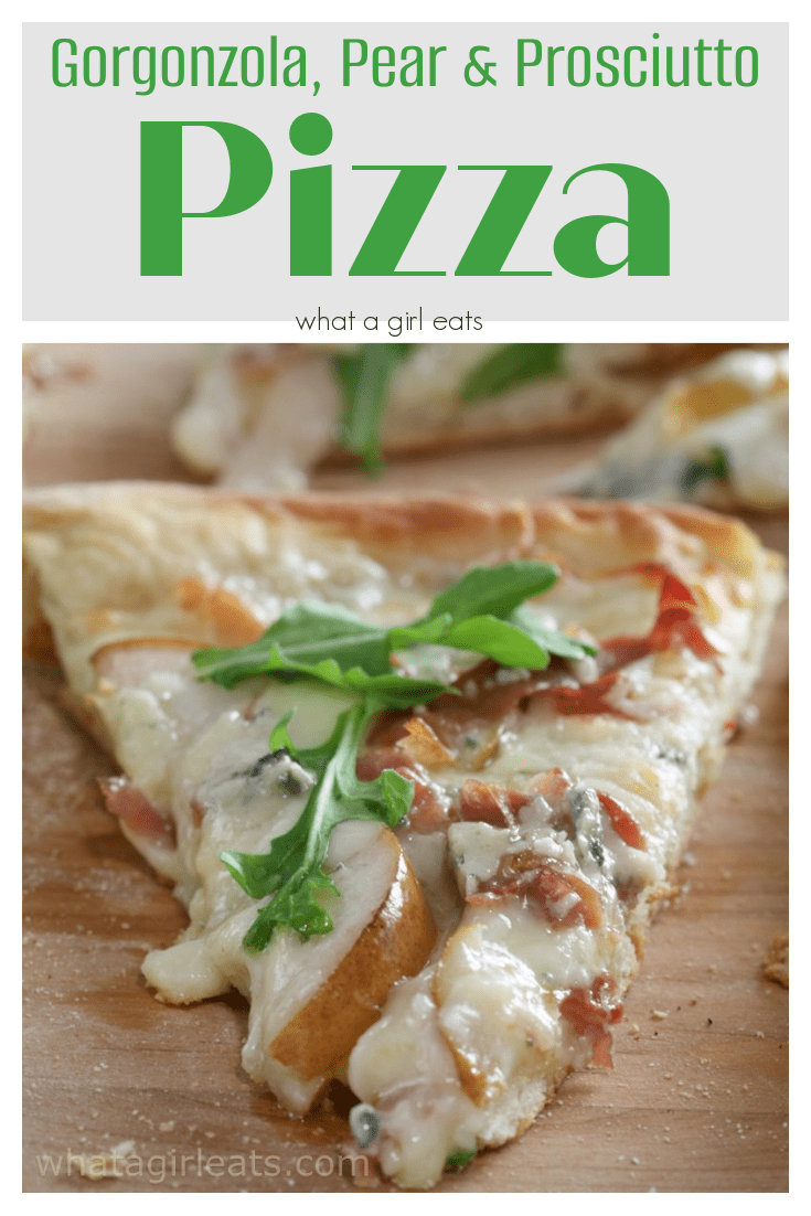 This Gorgonzola pizza with thinly sliced pears, prosciutto and arugula is a delicious for dinner or as an appetizer.