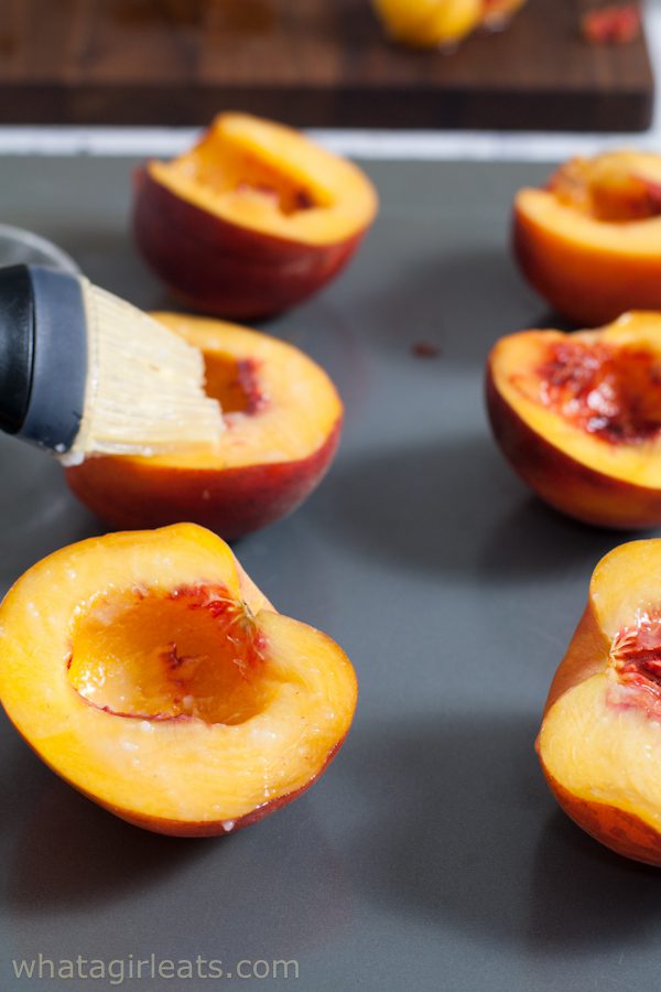 Brushing peaches with oil.