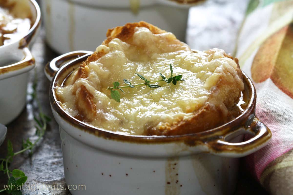 French onion soup in a coquette.