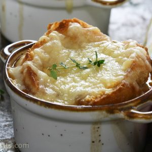 French onion soup closeup.