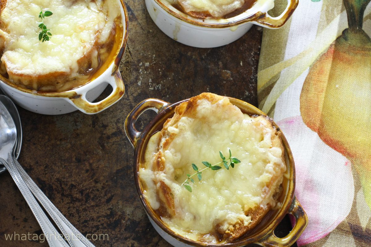 French onion soup in small bowls.