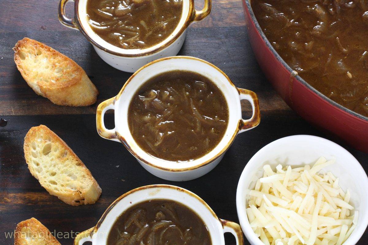filled bowls of French onion soup.