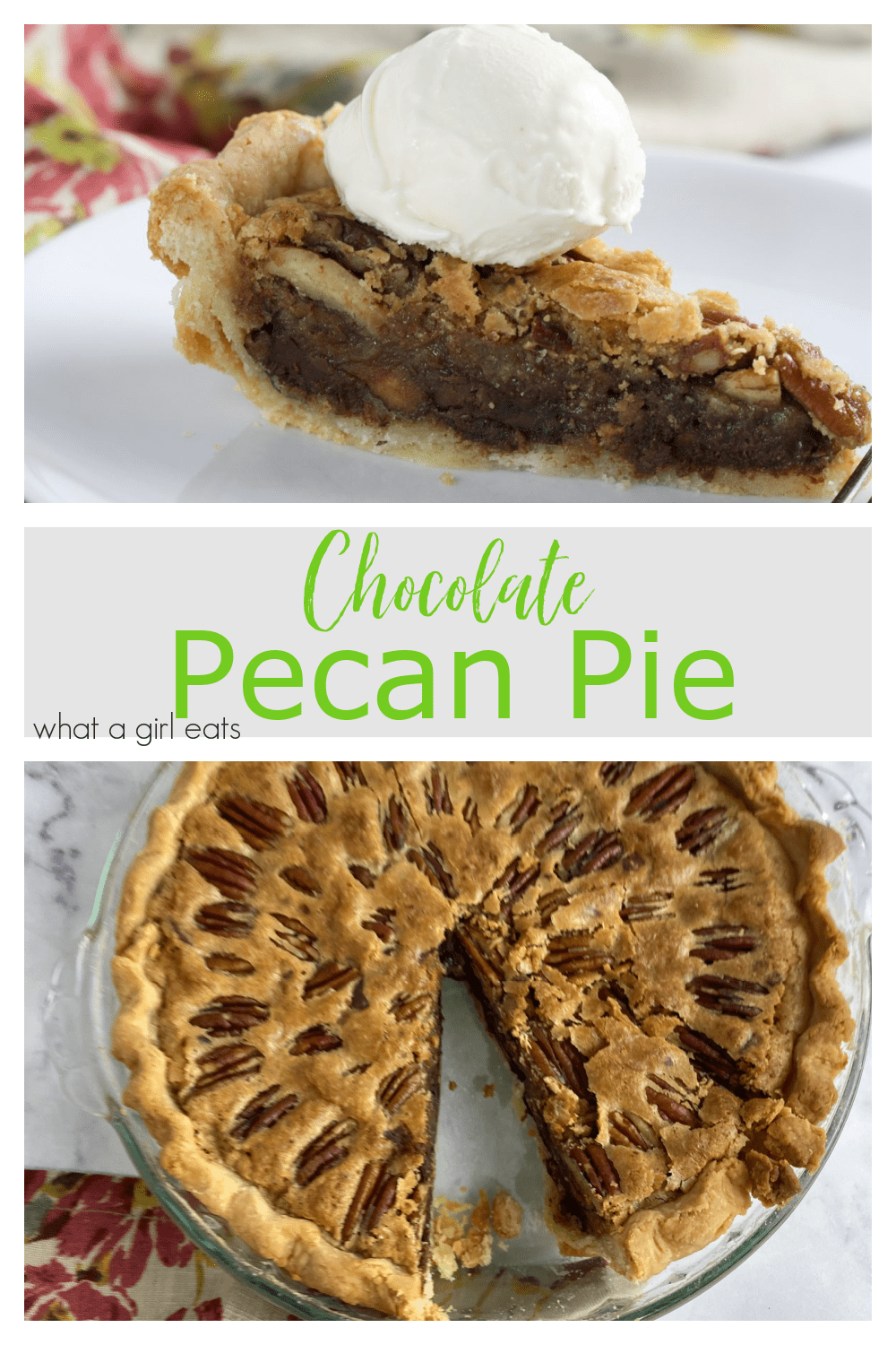 Chocolate pecan pie is a delicious twist on traditional pecan pie recipe. With a tender pie crust, chunks of bittersweet and semi-sweet chocolate added to the gooey filling, this decadent dessert is a chocolate and nut lover's dream.