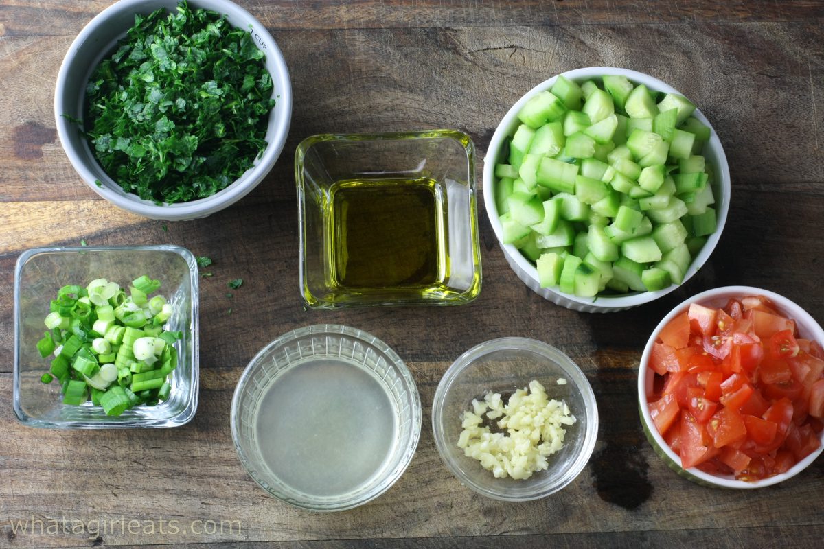 Chopped ingredients for tabbouleh. 