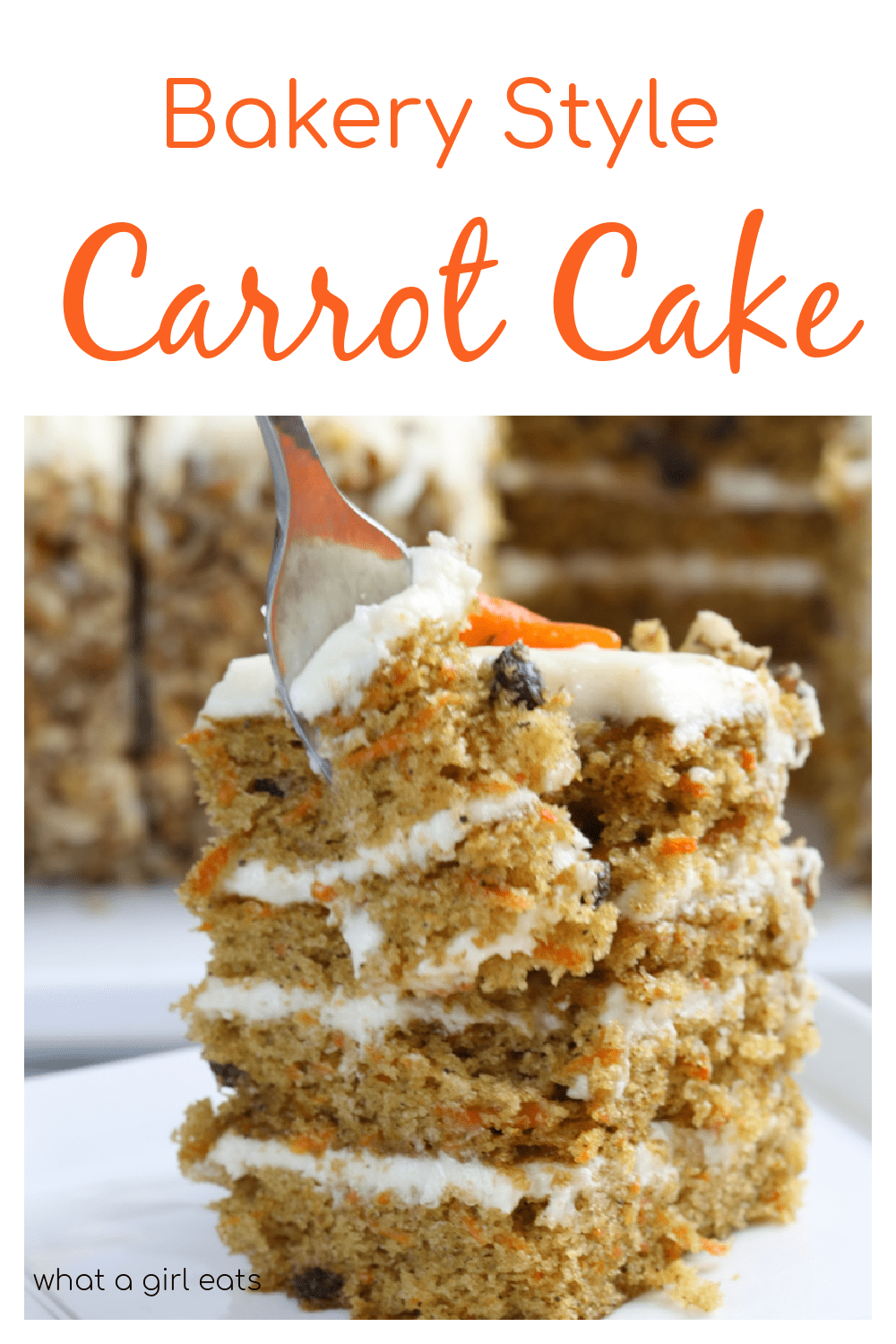 Bakery style carrot cake with cream cheese frosting is four layers filled with luscious buttermilk cream cheese frosting.