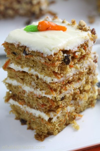 Vertical slice of carrot cake.