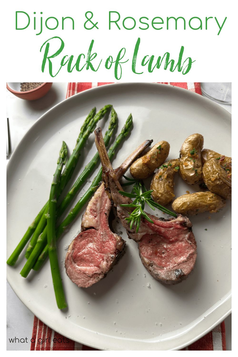 Rack of lamb with Dijon, rosemary and olive oil marinade. Perfectly roasted to rosy rare. Ready in under 45 minutes!