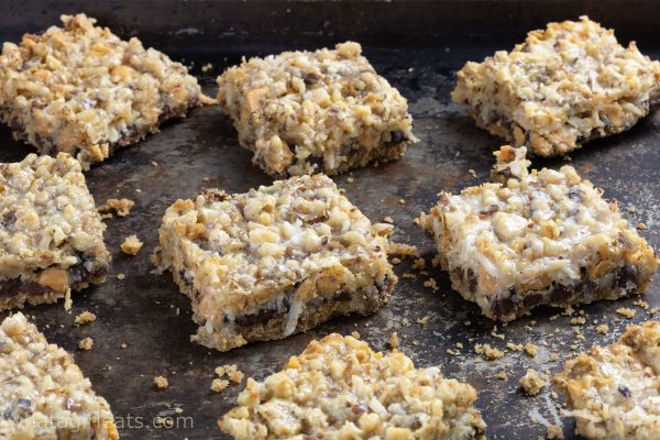 7 layer bars on cookie sheet.