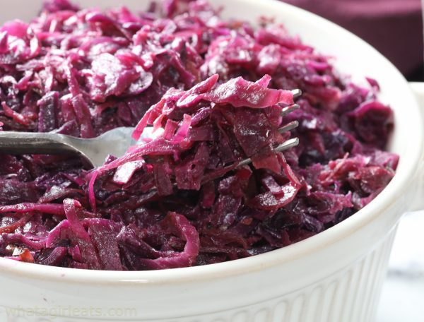 braised cabbage on a fork.