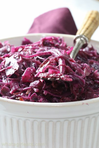 Red cabbage on fork.