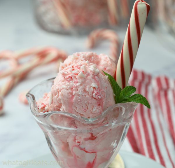Peppermint ice cream in glass dish.