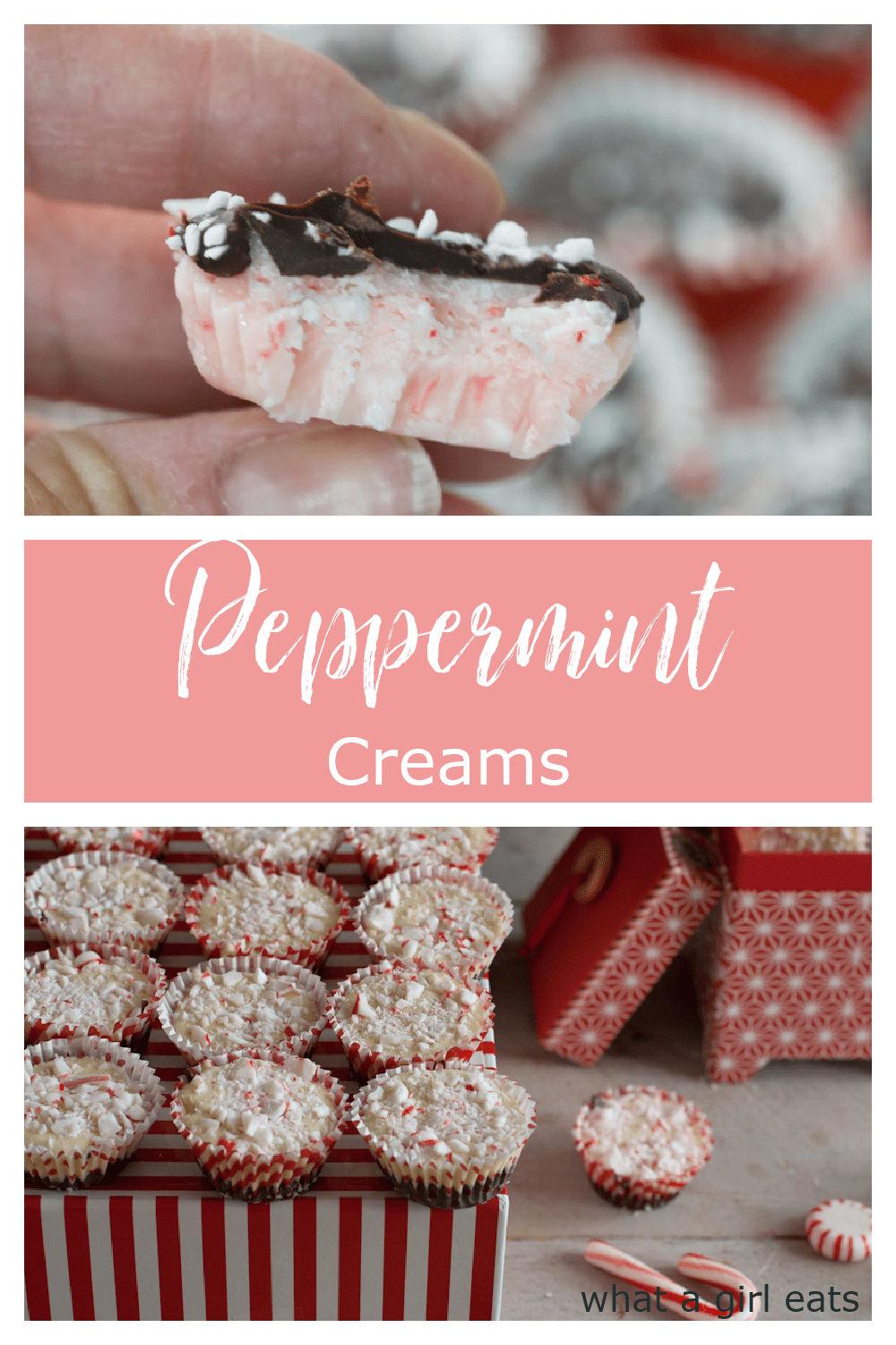 Peppermint Creams have a white chocolate cream center with crushed peppermint, topped with semi-sweet chocolate and peppermint dust.