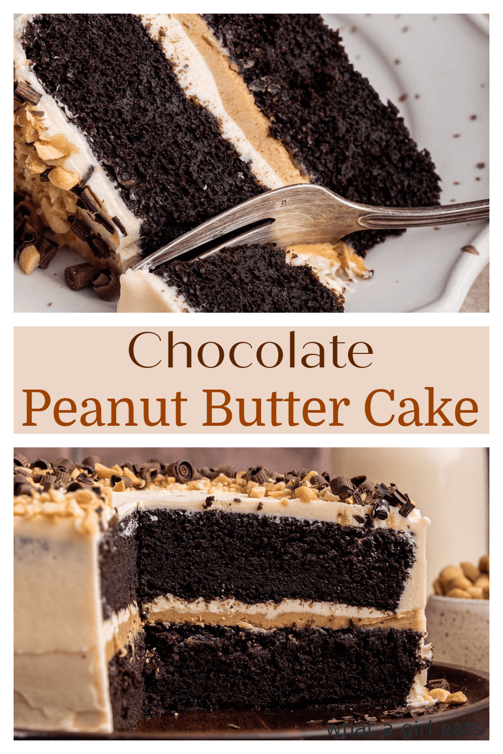 Chocolate peanut butter cake with peanut butter filling and peanut butter frosting. This delicious cake recipe is perfect for any occasion!