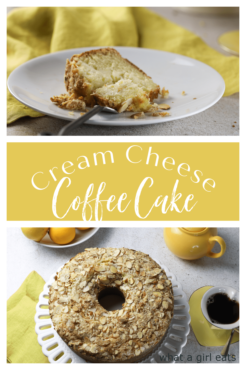 Cream cheese coffee cake is tender and moist with a rich cream cheese filling and lemon and almond topping.