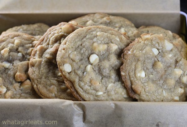 white chocolate chip macadamia nut cookies in tin.