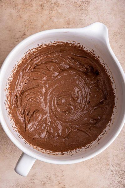 chocolate cake batter in bowl.