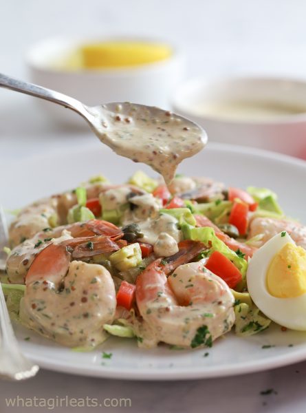 Shrimp remoulade sauce on salad.