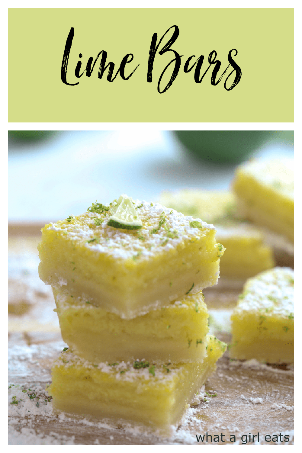 These tangy and creamy lime bars are dusted with powdered sugar for a delicious and easy dessert bar perfect for picnics or afternoon tea.