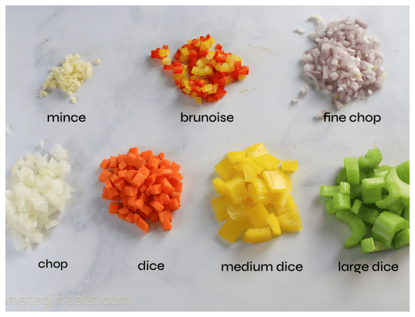 Types of vegetable cuts guide.