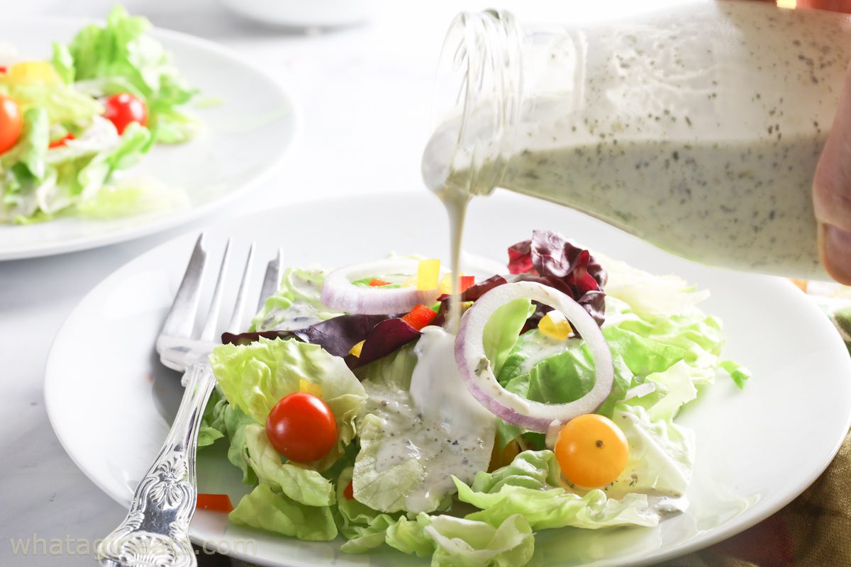 Buttermilk Ranch Dressing What A Girl Eats   Pouring Ranch On Salad 