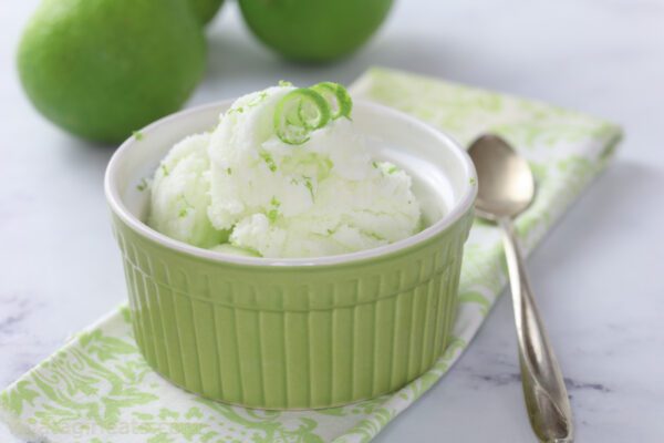 Lime sherbet in green dish.