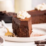 slice of chocolate cake.