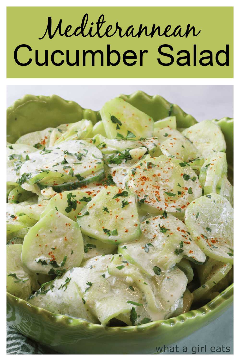 This Mediterranean cucumber salad has crunchy cucumbers tossed in a sour cream dressing with garlic, parsley, and sweet paprika.