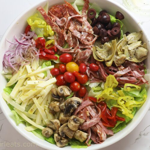 Italian Sub Salad top shot in white bowl.