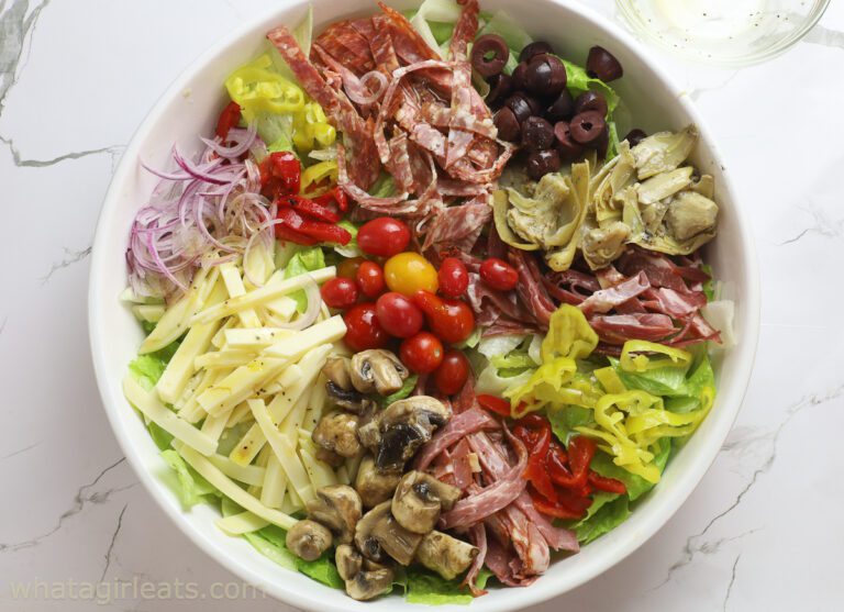 Italian Sub Salad top shot in white bowl.