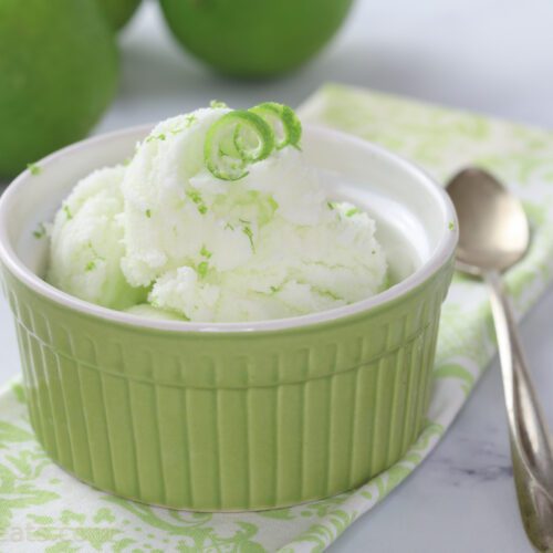 Lime sherbert in green dish.