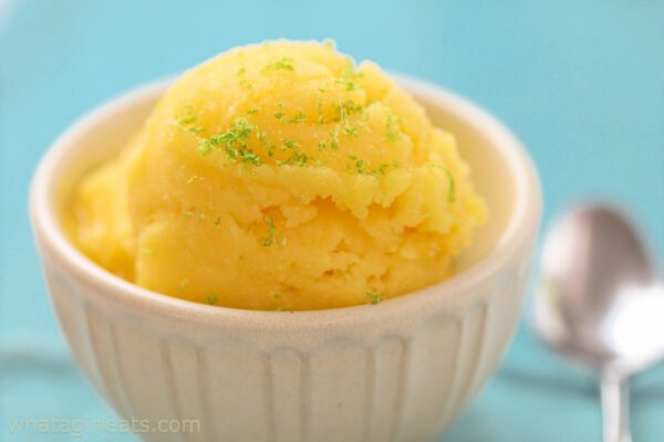 mango sorbet in bowl.
