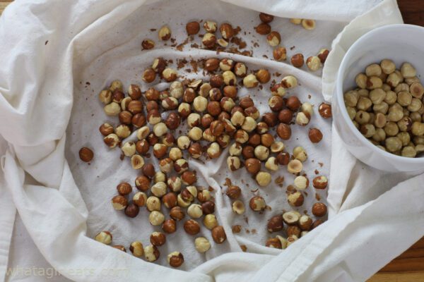 hazelnuts on dish cloth.