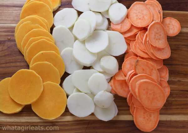 Sliced sweet potatoes, potatoes and butternut squash.